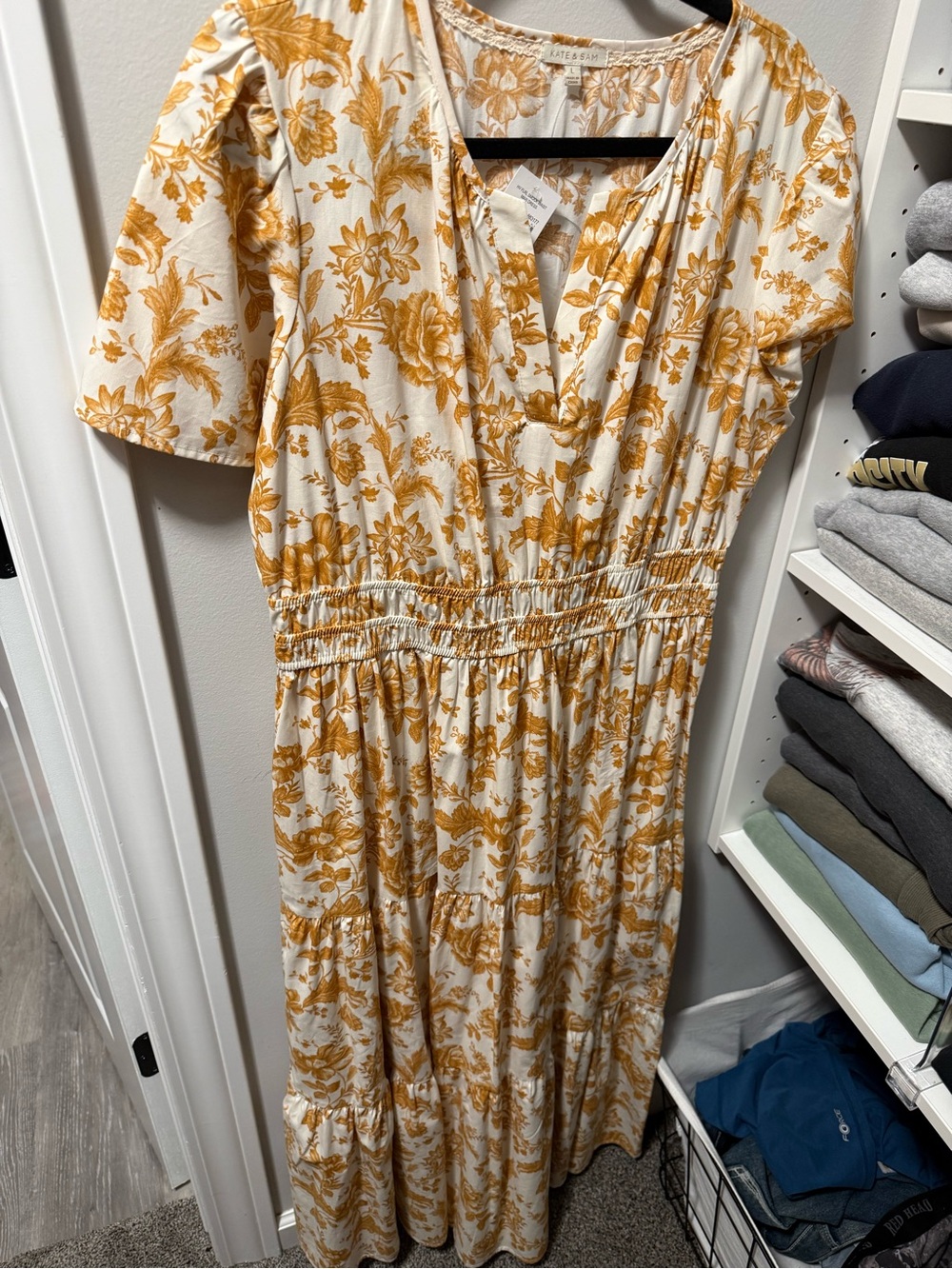 Floral Smocked Waist Midi Dress in Mustard on Cream